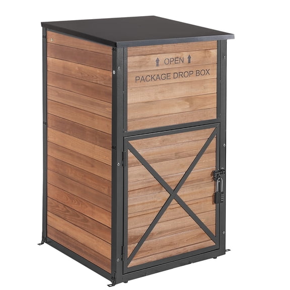 Aivituvin Outside Package Delivery Box with Combination Lock, Heavy-Duty Wooden Parcel Drop Box with Iron Frame, Weatherproof Secure Contactless Courier Mailbox, Natural Fir Wood
