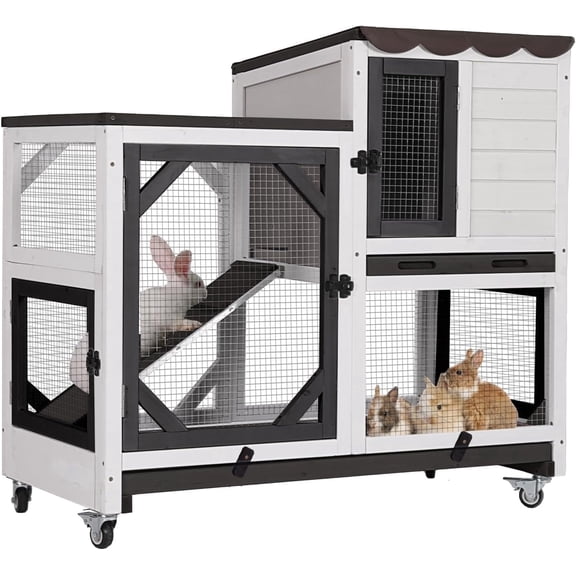 Aivituvin Rabbit Cage Indoor Outdoor Bunny Hutch on Wheels, 2 Story Wood Guinea Pig Cages with 2 Deeper Pull Out Trays (Black & White)