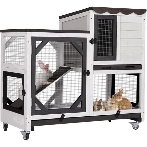 Aivituvin Indoor Rabbit Hutch Outdoor Bunny Cage on Wheels, 2 Story Wood Guinea Pig Cages with 2 Deeper Pull Out Trays (Black & White)