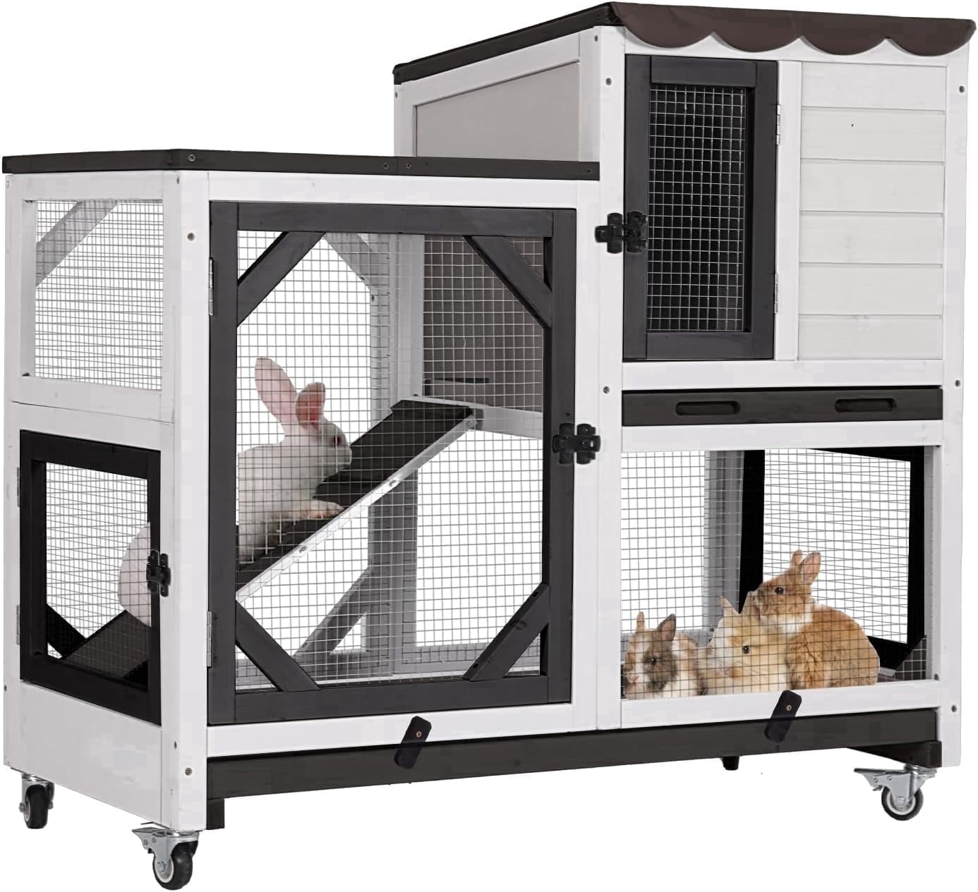 Aivituvin Rabbit Cage Indoor Outdoor Bunny Hutch on Wheels, 2 Story Wood Guinea Pig Cages with 2 Deeper Pull Out Trays (Black & White)