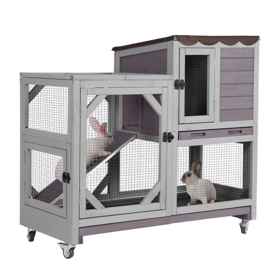 Aivituvin Rabbit Cage Indoor Outdoor Bunny Hutch on Wheels, 2 Story Wood Guinea Pig Cages with 2 Deeper Pull Out Trays (Gray)