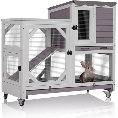 Aivituvin Rabbit Cage Indoor Outdoor Bunny Hutch on Wheels, 2 Story Wood Guinea Pig Cages with 2 Deeper Pull Out Trays (Gray)