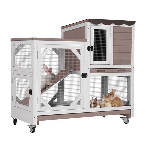 Aivituvin Rabbit Cage Indoor Outdoor Bunny Hutch on Wheels, 2 Story Wood Guinea Pig Cages with 2 Deeper Pull Out Trays