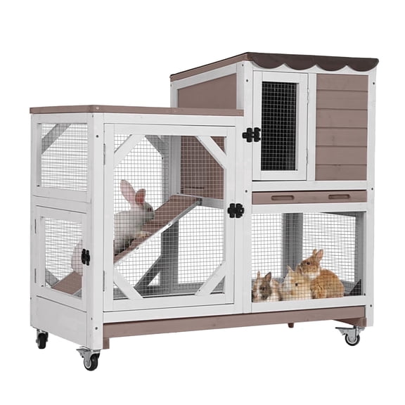 Aivituvin Rabbit Cage Indoor Outdoor Bunny Hutch on Wheels, 2 Story Wood Guinea Pig Cages with 2 Deeper Pull Out Trays