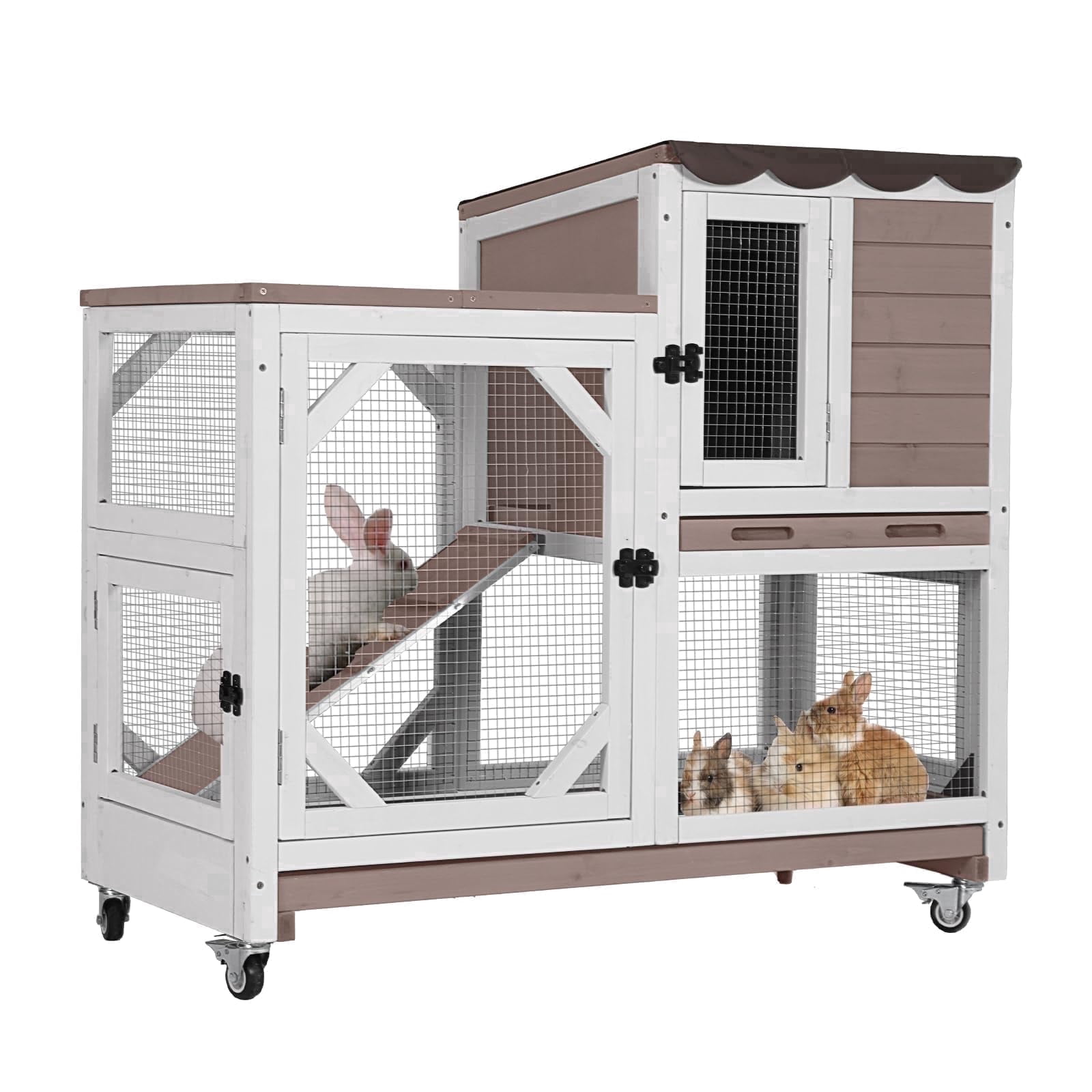Aivituvin Rabbit Cage Indoor Outdoor Bunny Hutch on Wheels, 2 Story Wood Guinea Pig Cages with 2 Deeper Pull Out Trays
