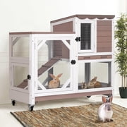 Aivituvin 2-Story Rabbit Hutch Bunny Cage Wooden Rabbit Cage Indoor/Outdoor with Chew-Proof Ramp, 2 Leak-Proof Pull-Out Trays, Lockable Wheels for Rabbits, Guinea Pigs, Small Animals Brown