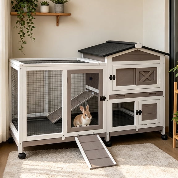 Aivituvin Rabbit Hutch Bunny Cage Outdoor & Indoor with Wheels, Two Layer Guinea Pig House with Pull Out Tray, Chew-Proof Ramp, Waterproof Roof