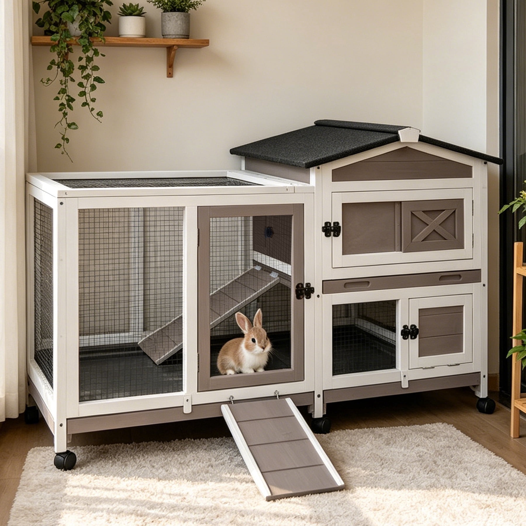 Aivituvin Rabbit Hutch Bunny Cage Outdoor & Indoor with Wheels, Two Layer Guinea Pig House with Pull Out Tray, Chew-Proof Ramp, Waterproof Roof
