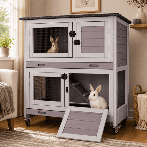 Aivituvin Rabbit Hutch Bunny Cage Outdoors & Indoors with Wheel, Two Layer Guinea Pig House