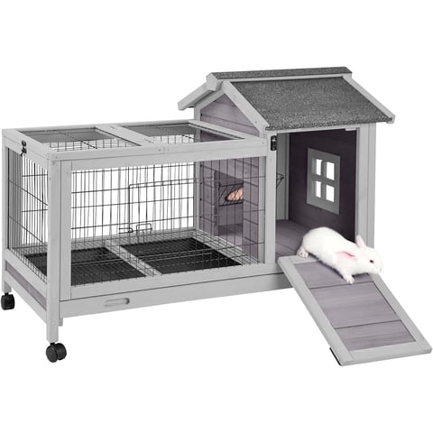 Aivituvin Rabbit Hutch Indoor and Outdoor, Rabbit Cage with Removable Wire Netting and Leak Proof Tray, Mobile Bunny Cage with Wheels