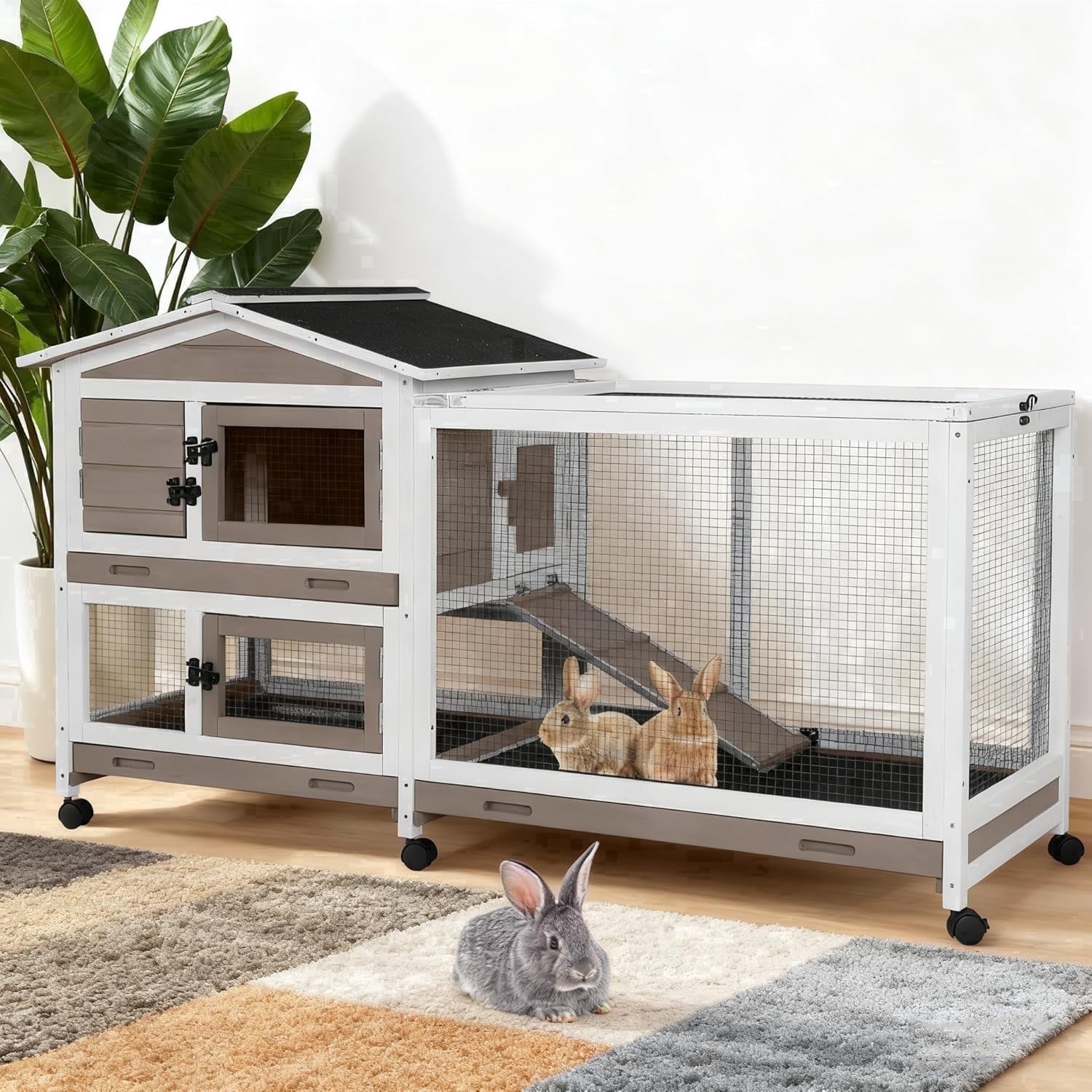 Aivituvin Rabbit Hutch with Chew-Proof Ramp - 62" Large Bunny Cage for Indoor/Outdoor, 2-Story Design Guinea Pig Cages with 6 Lockable Wheels & 3 Leak-Proof Trays (Brown)