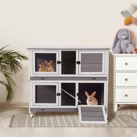 Aivituvin Rabbit Hutch Folding Bunny Cage Indoor Outdoor, Two Story Guinea Pig Cage with Wheels, Easy Assembly Bunny House
