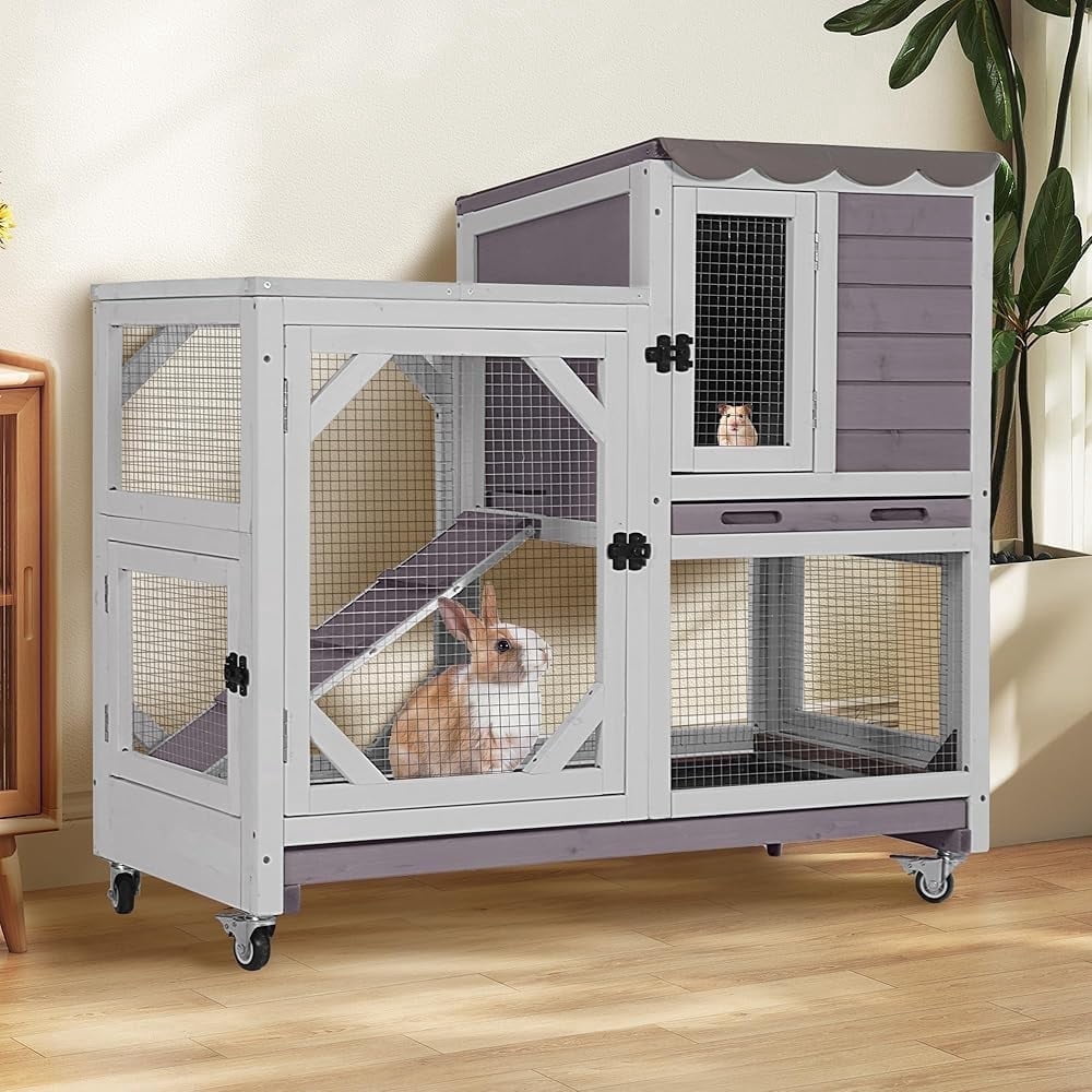 Moving Cage For Rabbit Aivituvin Wooden Rabbit Cage on Wheels Indoor Rabbit Hutch for 2-4 ...