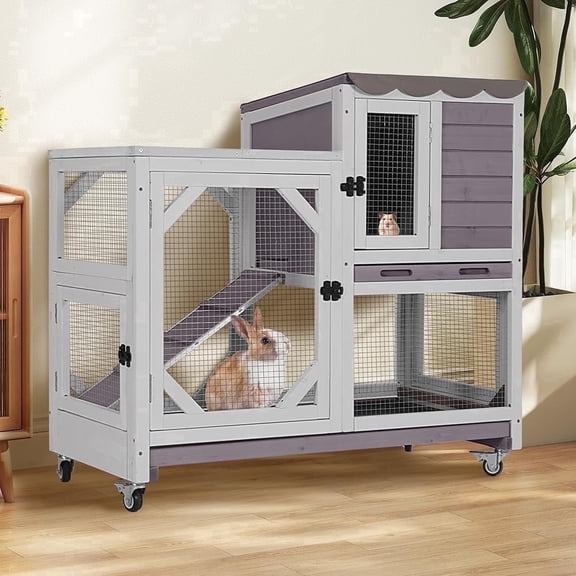 Aivituvin Wooden Rabbit Cage on Wheels Indoor Rabbit Hutch for 2-4 Rabbit Guinea Pig Bunny Small Animal Cage with Leakproof Tray Chewproof Ramp Gray