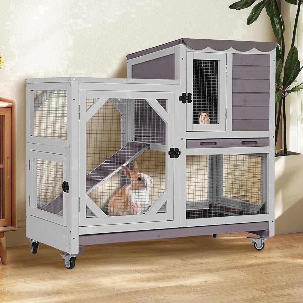 Aivituvin Wooden Rabbit Cage on Wheels Indoor Rabbit Hutch for 2-4 Rabbit Guinea Pig Bunny Small Animal Cage with Leakproof Tray Chewproof Ramp Gray