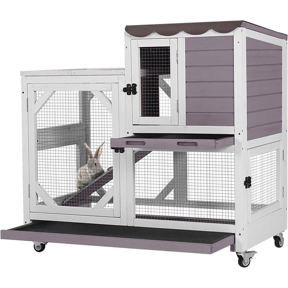 2-Story Rabbit Hutch Bunny Cage with Leak-Proof Trays & Chew-Proof Ramp - Indoor/Outdoor 39.3" Wooden Rabbit Cage with Wheels for Rabbits, Guinea Pigs, Small Animal (Grey)