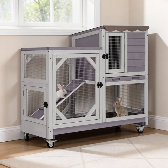 2-Story Rabbit Hutch Bunny Cage with Leak-Proof Trays & Chew-Proof Ramp - Indoor/Outdoor 39.3" Wooden Rabbit Cage with Wheels for Rabbits, Guinea Pigs, Small Animal (Grey)