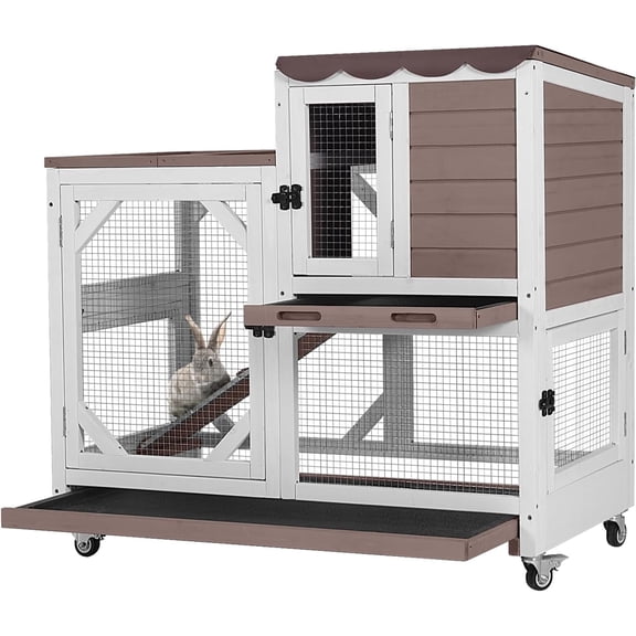 2-Story Rabbit Hutch Bunny Cage with Leak-Proof Trays & Chew-Proof Ramp - Indoor/Outdoor 39.3" Wooden Rabbit Cage with Wheels for Rabbits, Guinea Pigs, Small Animal (Brown)
