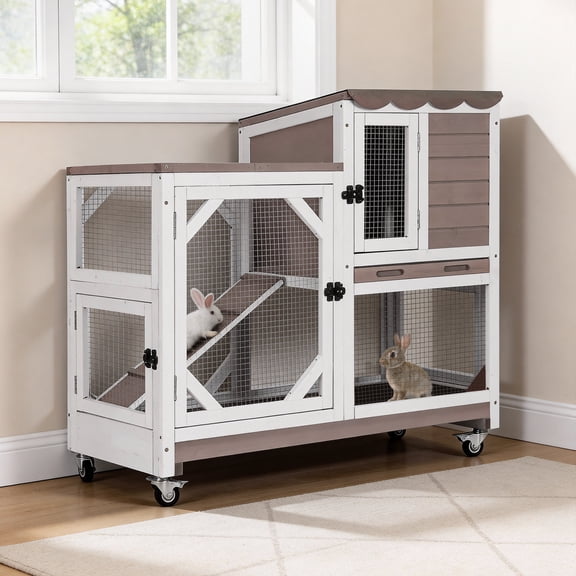 2-Story Rabbit Hutch Bunny Cage with Leak-Proof Trays & Chew-Proof Ramp - Indoor/Outdoor 39.3" Wooden Rabbit Cage with Wheels (Brown)