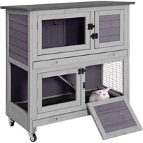 Aivituvin Rabbit Hutch Indoor, 36'' Bunny Hutch Outdoor, Mobile Rabbit Cage with Wheels, 2-Story Bunny Cage with 2 Pull Out Trays, Wooden Guinea Pig Cage (Grey)