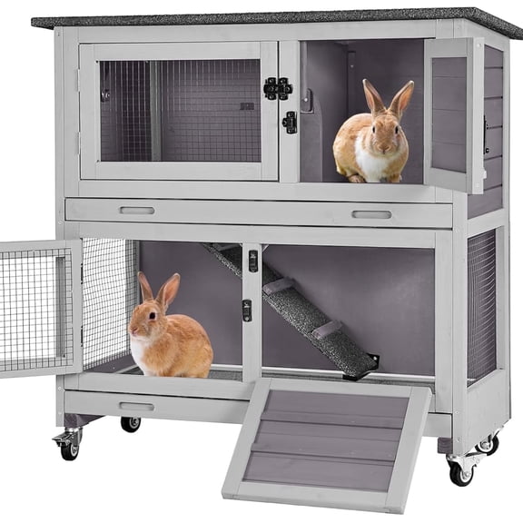 Aivituvin Rabbit Hutch Indoor Bunny Cage Outdoor 2 Story Pet House Guinea Pig Cage on Wheels 36" L
