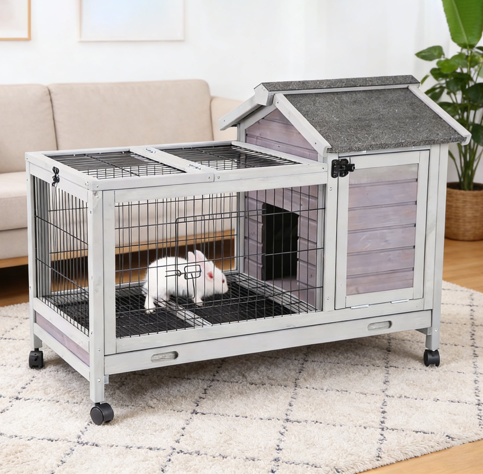 Aivituvin Rabbit Hutch Indoor Bunny Cage Outdoor Bunny House with Wire Floor Leakproof Plastic Tray Gray