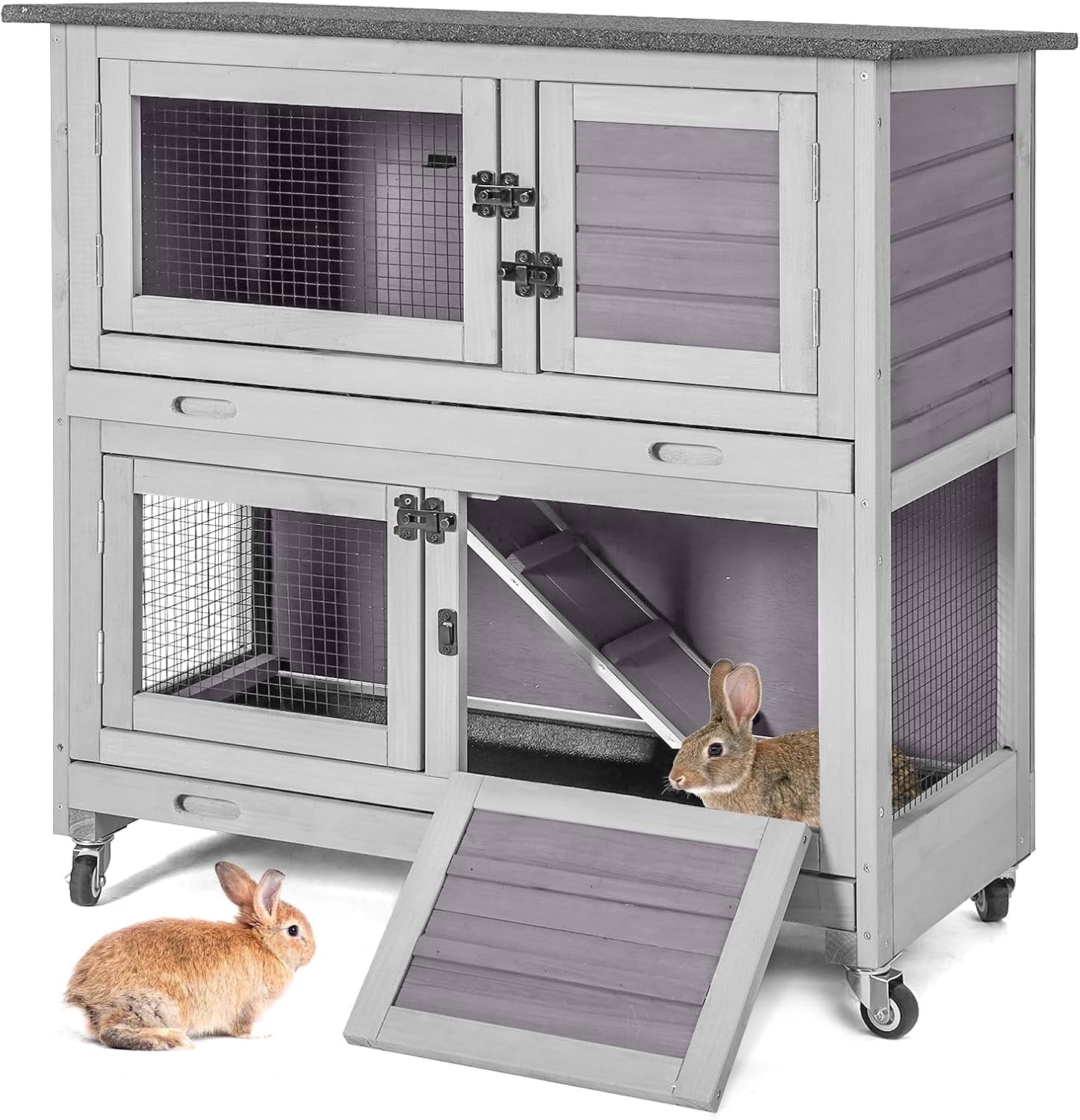 Aivituvin Rabbit Hutch Indoor Outdoor, 2-Story Rabbit Cage for Guinea Pigs with 2 Leakproof Trays & 4 Wheels