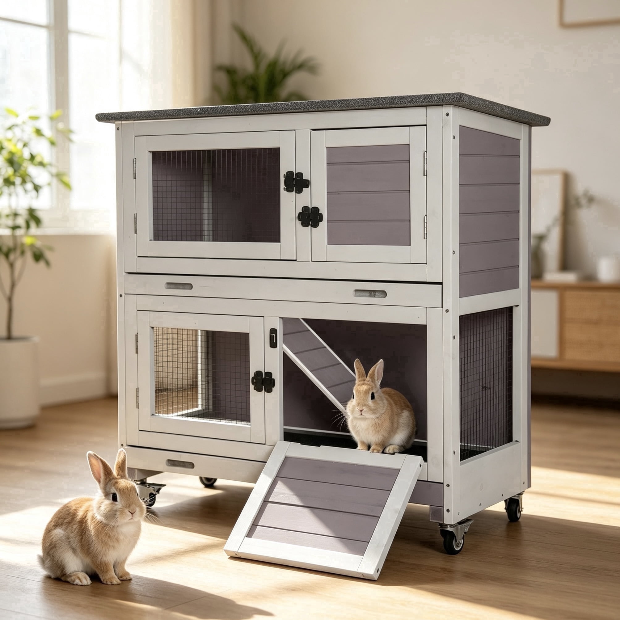 Aivituvin, Rabbit Hutch Indoor Outdoor, Gray, 2-Story, 4 Wheels