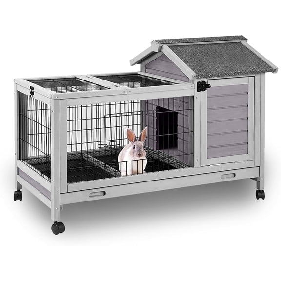 Aivituvin Indoor Rabbit Hutch with Leakproof Tray, Lockable Wheels & Wire Floor, Wooden Bunny Cage for 1-2 Rabbits