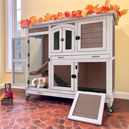 Aivituvin Rabbit Hutch Indoor Bunny House Guinea Pig Cage with Sliding Plastic Trays, Wheels & Ramp, 47.2" Multi-Door Wooden Small Animal Cage for Rabbits Bunnies, and Guinea Pigs, Brown