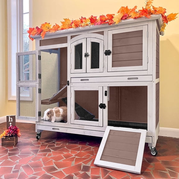Aivituvin Rabbit Hutch Indoor Bunny House Guinea Pig Cage with Sliding Plastic Trays, Wheels & Ramp, 47.2" Multi-Door Wooden Small Animal Cage for Rabbits Bunnies, and Guinea Pigs, Brown