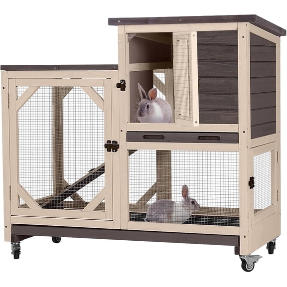Aivituvin Rabbit Hutch Indoor Mobile Bunny Cage with Run Wooden 2 Story Guinea Pig Cage Outdoor for Small Animals with Wheels,Two Deeper No Leak Trays(Brown)