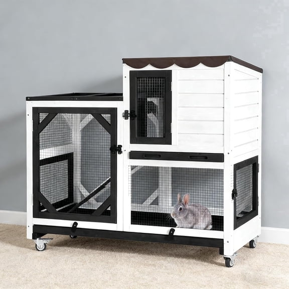 2-Story Rabbit Hutch Bunny Cage with Leak-Proof Trays & Chew-Proof Ramp - Indoor/Outdoor 39.3" Wooden Rabbit Cage with Wheels (Black)
