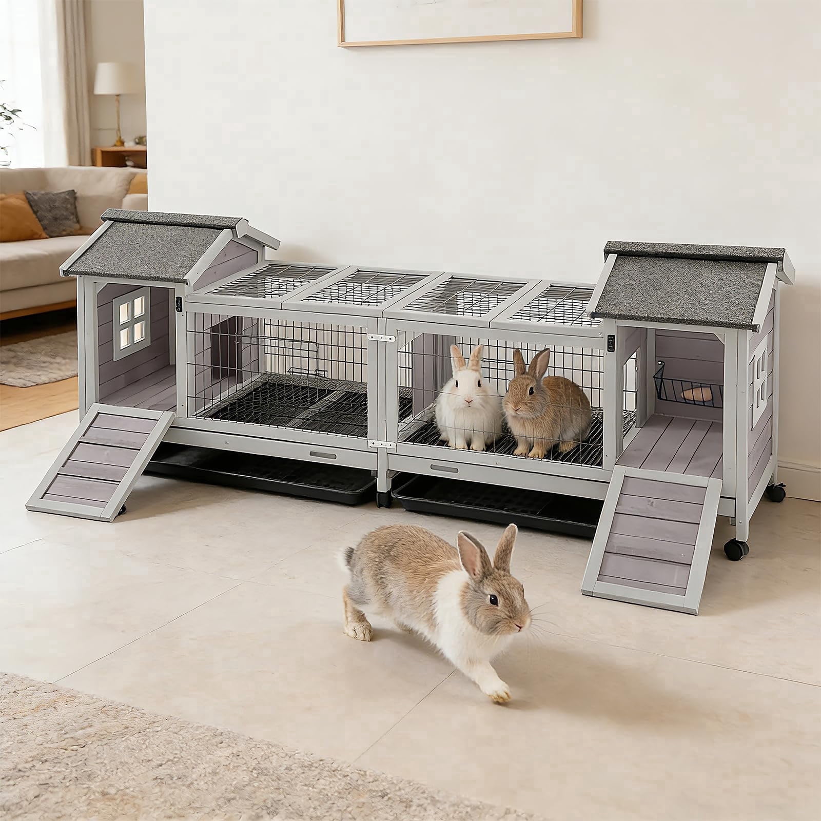 Aivituvin Rabbit Hutch Indoor Outdoor, Large Bunny Cage with Double House and Run, 10.4 ft² Guinea Pig House, Upgrade Deeper No-Leak Trays, On Wheels for Easy Moving
