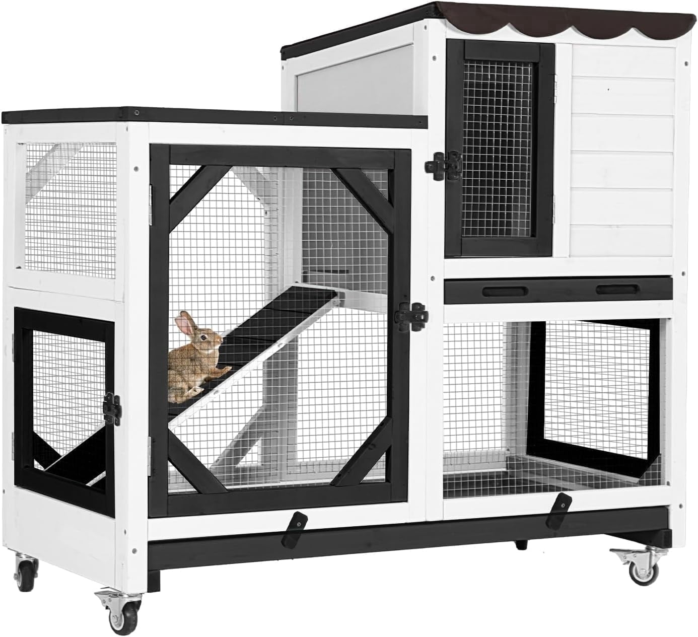 Aivituvin Rabbit Hutch Indoor Rabbit Cage with Wheels Outdoor Bunny House 2 Story Guinea Pig Cage with Leakproof Tarp Roof Black