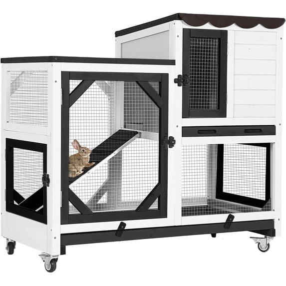 Aivituvin Rabbit Hutch Indoor Rabbit Cage with Wheels Outdoor Bunny House 2 Story Guinea Pig Cage with Leakproof Tarp Roof Black