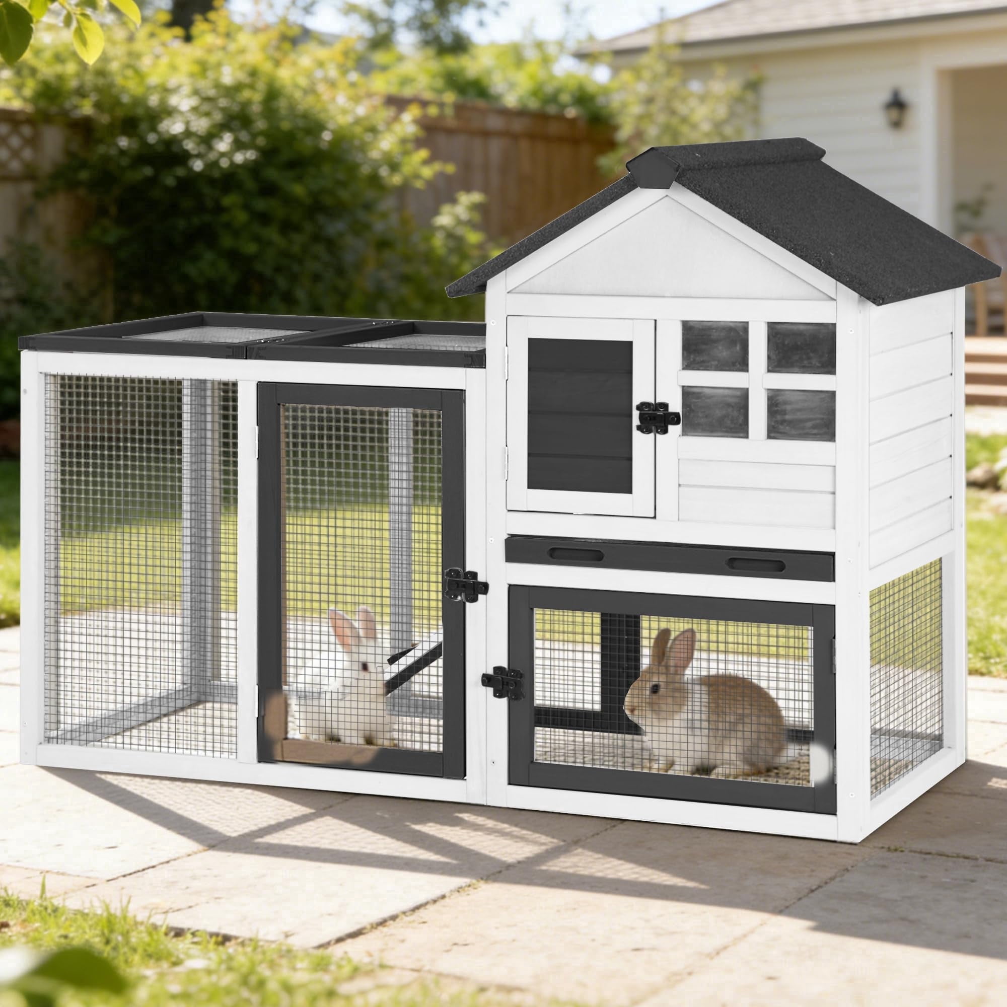 Aivituvin Rabbit Hutch Outdoor Rabbit Cage Indoor 51.6" L Waterproof Bunny Cage with Chew-Proof Ramp and Lockable Doors for Indoor Outdoor Use Black and White