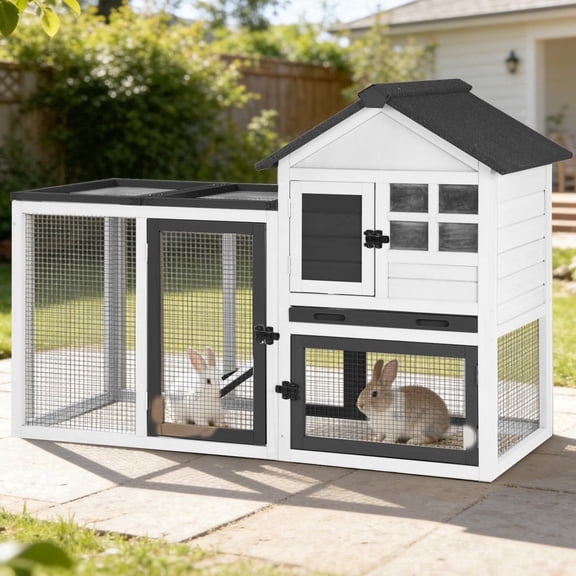 Aivituvin Rabbit Hutch Outdoor Rabbit Cage Indoor 51.6" L Waterproof Bunny Cage with Chew-Proof Ramp and Lockable Doors for Indoor Outdoor Use Black and White