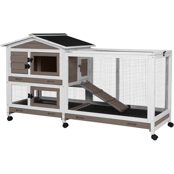 Aivituvin Rabbit Hutch Wooden Bunny Cage Indoor Outdoor Guinea Pig Cage on Wheels Large
