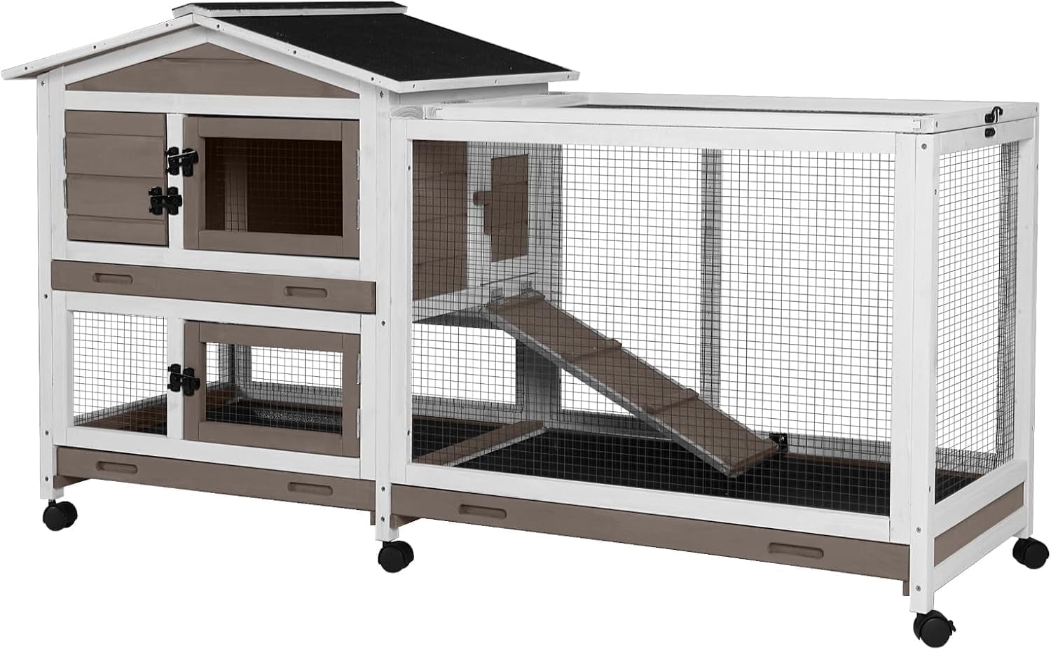 Aivituvin Rabbit Hutch Wooden Bunny Cage Indoor Outdoor Guinea Pig Cage on Wheels Large