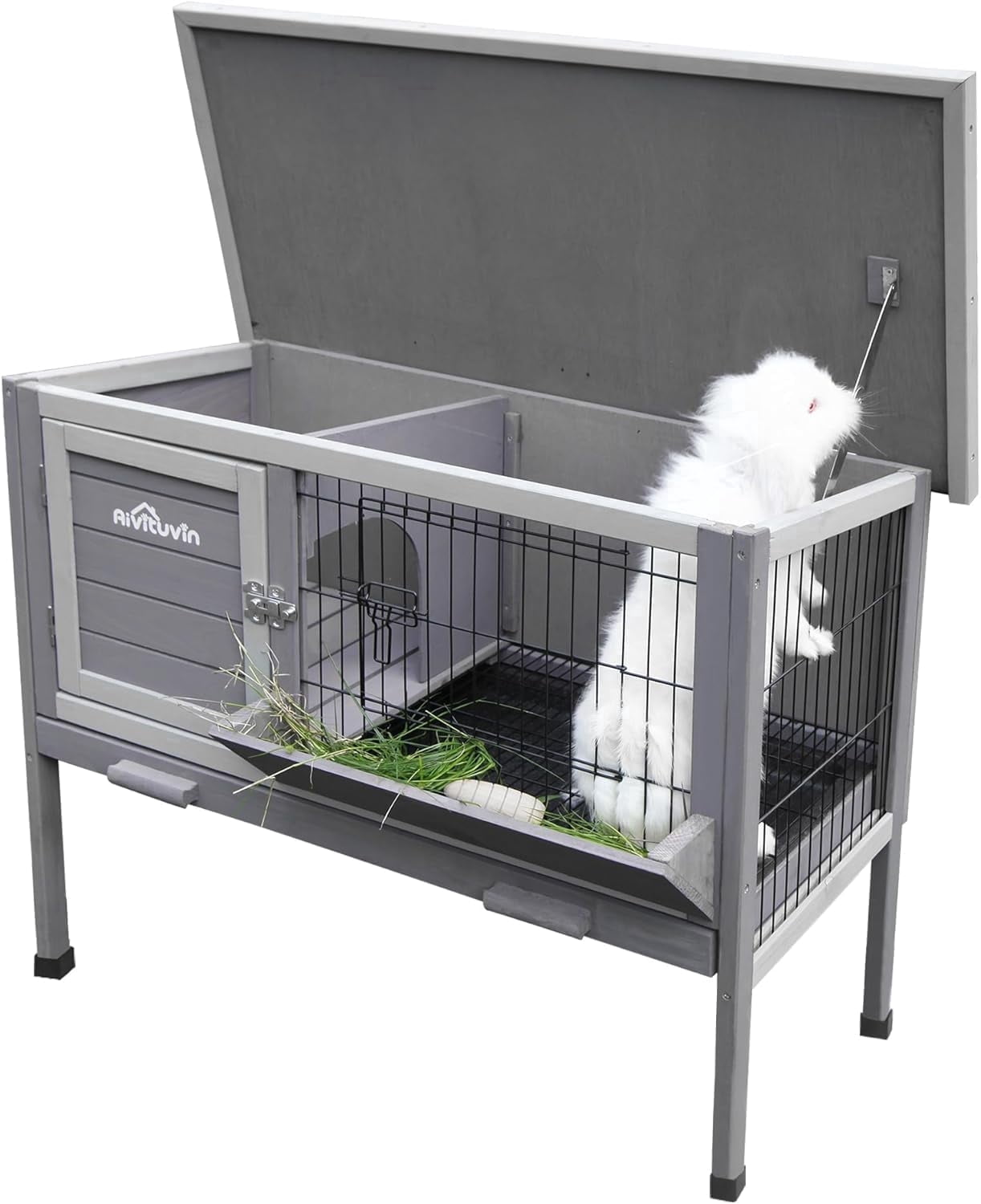 Aivituvin Rabbit Hutch, Wooden Bunny Cages Indoor with Deeper Leakproof Tray - Upgrade with Metal Wire Pan (Grey, Rabbit Hutch #001-B) Large