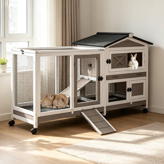 Aivituvin Rabbit Hutch with Wheels for Outdoor & Indoor, 2-Story Bunny Cage Guinea Pig House with Pull Out Tray for Rabbits, Gray