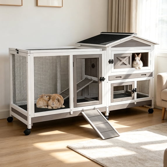 Aivituvin Rabbit Hutch with Wheels for Outdoor & Indoor, 2-Story Bunny Cage Guinea Pig House with Pull Out Tray for Rabbits, Gray