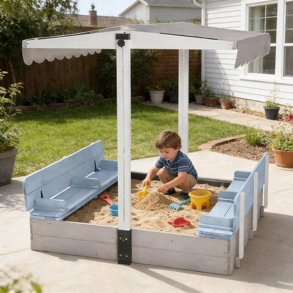 Aivituvin Sandbox with Lid Outdoor Sandboxes with Cover Wooden Foldable Bench Seats with Canopy for Kids Large Sand Box with Adjustable-Height (Blue)