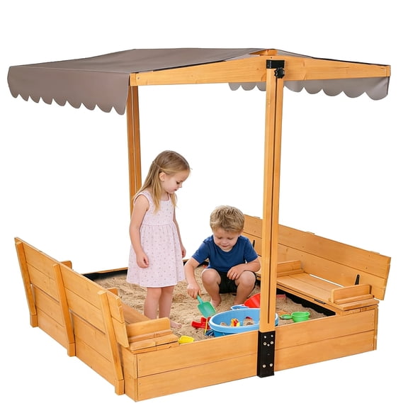 Aivituvin Sandbox with Cover Wooden Sand Box with Lid Foldable Beench Seats and Retractable Roof Large Sand Boxes for Backyard Garden Beach Patio 47"
