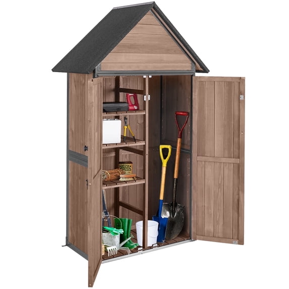 Aivituvin Shed Outdoor Storage Cabinet with All-Around Strong Metal Frame Wooden Tool House with Adjustable Shelfs and Floor, Waterproof Roof, Dark Brown