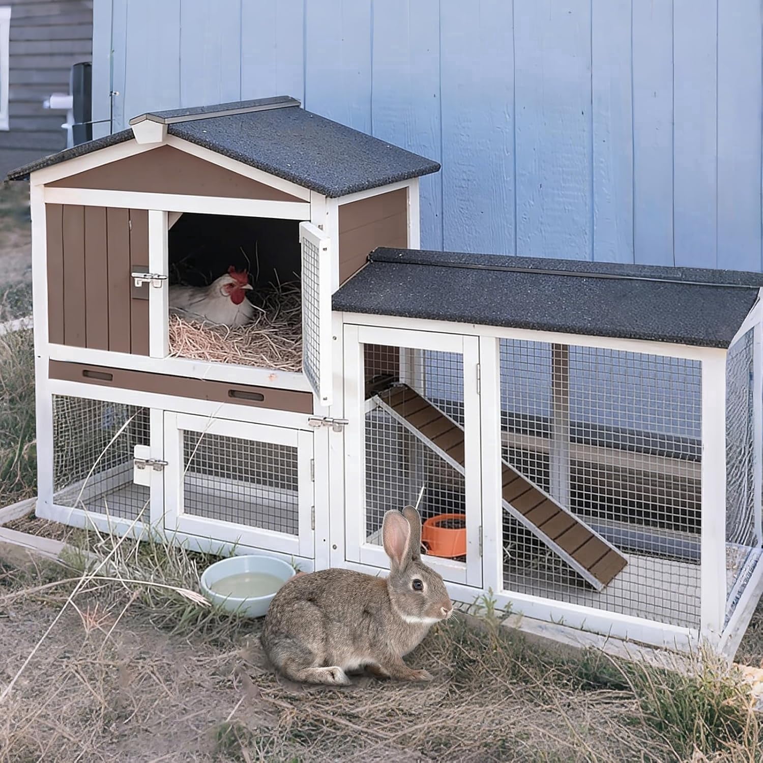 Aivituvin Small Chicken Coop for 1–2 Chickens, Expandable Outdoor Rabbit Hutch with Roof, Leakproof Tray,Multiple Doors,57" L x 21" W x 33" H Gray
