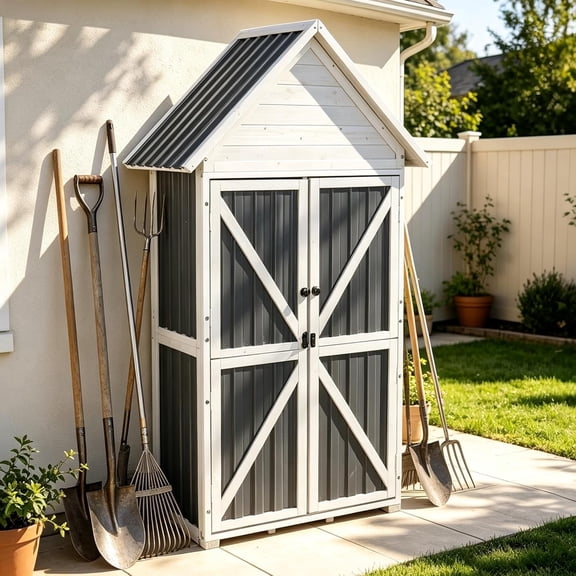 67.1" Outdoor Storage Cabinet Waterproof with Lockable Double Doors, Garden Storage Cabinet with Adjustable Shelves, Tool Organizer for Outside, White