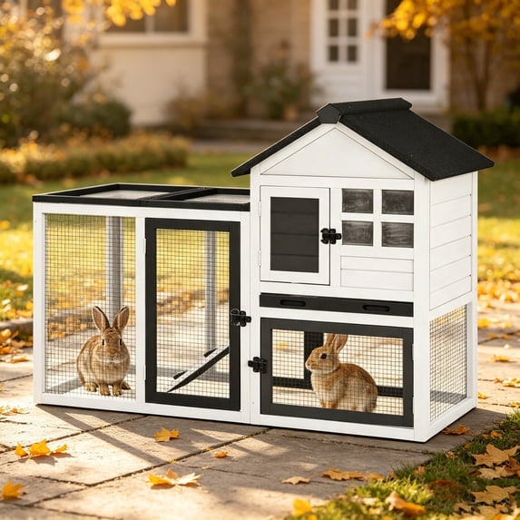 Aivituvin Two-Tier Rabbit Hutch Outdoor Bunny Cage Indoor with Weatherproof Roof Rabbit Cage with Chew-Proof Ramp and Pull-Out Tray for for Small Animals Black and White