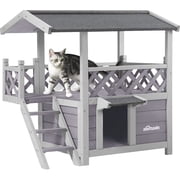 Aivituvin Wood Cat House with Balcony, Outdoor Indoor Kitty Shelter with Stairs